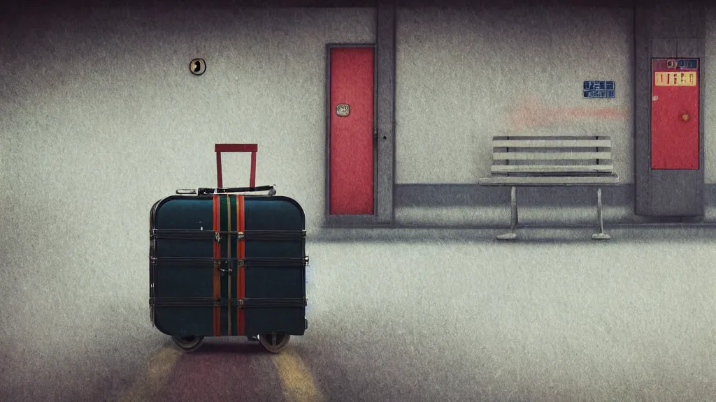 Image similar to an explorer's luggage on the train platform, rural japan, a collage painting, in the style of wes anderson, lola dupre, david hockney, isolated on negative white space background dark monochrome neon spraypaint accents volumetric octane render