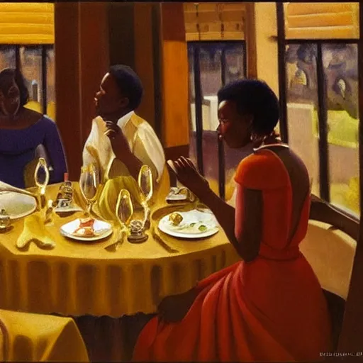 Image similar to dark skinned people eating at a regal buffet ultra detailed beautiful setting elegant event nigerian party minimalist gold ornaments iridescent lighting glamour in the style of edward hooper and henri matisse oil painting