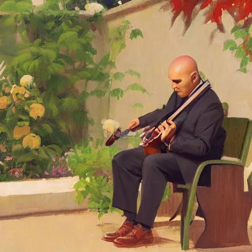 Prompt: a portrait of agent 4 7 from hitman playing a guitar in a monestary garden next to an elderly priest, by gregory manchess, james gurney, james jean