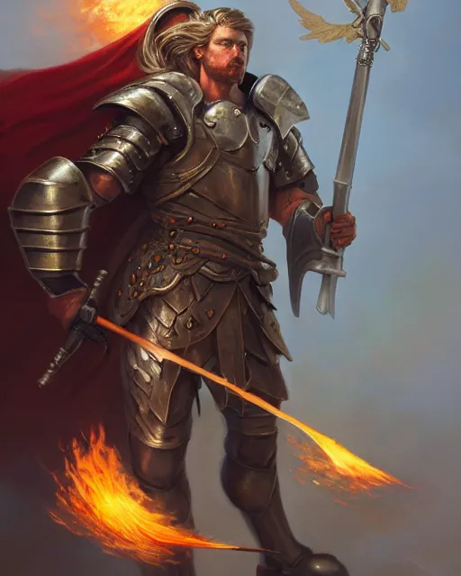 Prompt: character portrait of a brawny male warrior angel of justice, wearing shining armor, wielding a flaming sword and holding a kite shield, by peter mohrbacher, mark brooks, jim burns, wadim kashin, greg rutkowski, larry elmore, trending on artstation