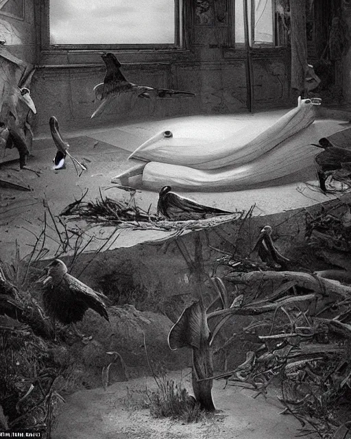 Prompt: turning and turning in the widening gyre, the falcon cannot hear the falconer, in the style of gregory crewdson, dark and moody