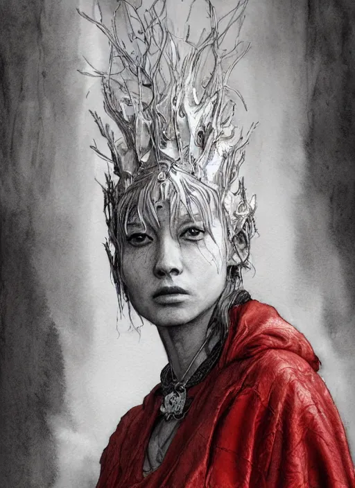 Image similar to portrait, female anthropomorphic cardinal druid, watercolor, dramatic lighting, cinematic, establishing shot, extremely high detail, foto realistic, cinematic lighting, pen and ink, intricate line drawings, by Yoshitaka Amano, Ruan Jia, Kentaro Miura, Artgerm, post processed, concept art, artstation, matte painting, style by eddie mendoza, raphael lacoste, alex ross