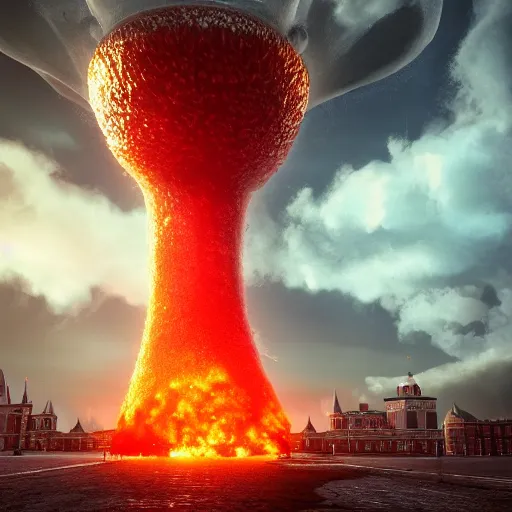 Image similar to a big nuclear explosion with realistic nuclear mushroom in Red Square Kremlin, dramatic lighting, cinematic, extremely high detail, photo realistic, cinematic lighting, post processed, concept art, artstation, matte painting, unreal engine 8k