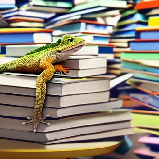 Image similar to the! geico! gecko on a table, being crushed to death by a stack of books, commercial, studio