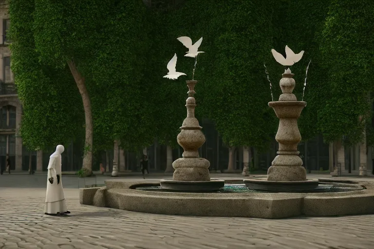 Prompt: three guilders : a magician, a murderer and a warrior, stand in the middle of the square in front of the fountain, daytime, lots of greenery, doves, peter morbacher style, ray tracing, octane render, cinematic, digital art, realistic, high quality, 8 k