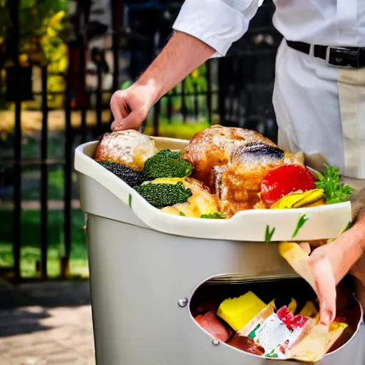 Prompt: fancy french food served in a trashcan