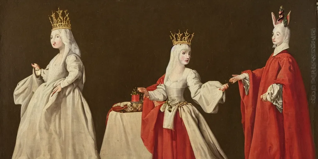 Image similar to a rabbit dressed as a queen, wearing a white robe, 17th century oil painting