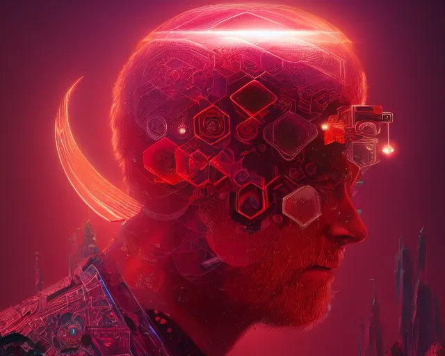 Image similar to portrait of fantasy wizard with halo of red cubes intricate abstract. intricate artwork, by tooth wu, wlop, beeple, dan mumford. concept art, octane render, trending on artstation, greg rutkowski very coherent symmetrical artwork. cinematic, key art, hyper realism, high detail, octane render, 8 k, iridescent accents