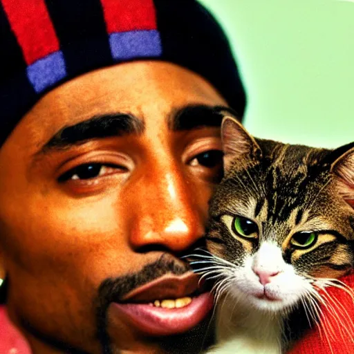 Prompt: tupac holding a cat, 4 k