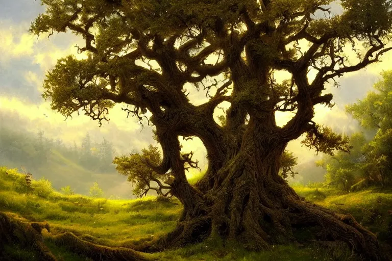 Image similar to masterpiece painting of oak trees on a hillside overlooking a creek, dramatic lighting, by tyler edlin