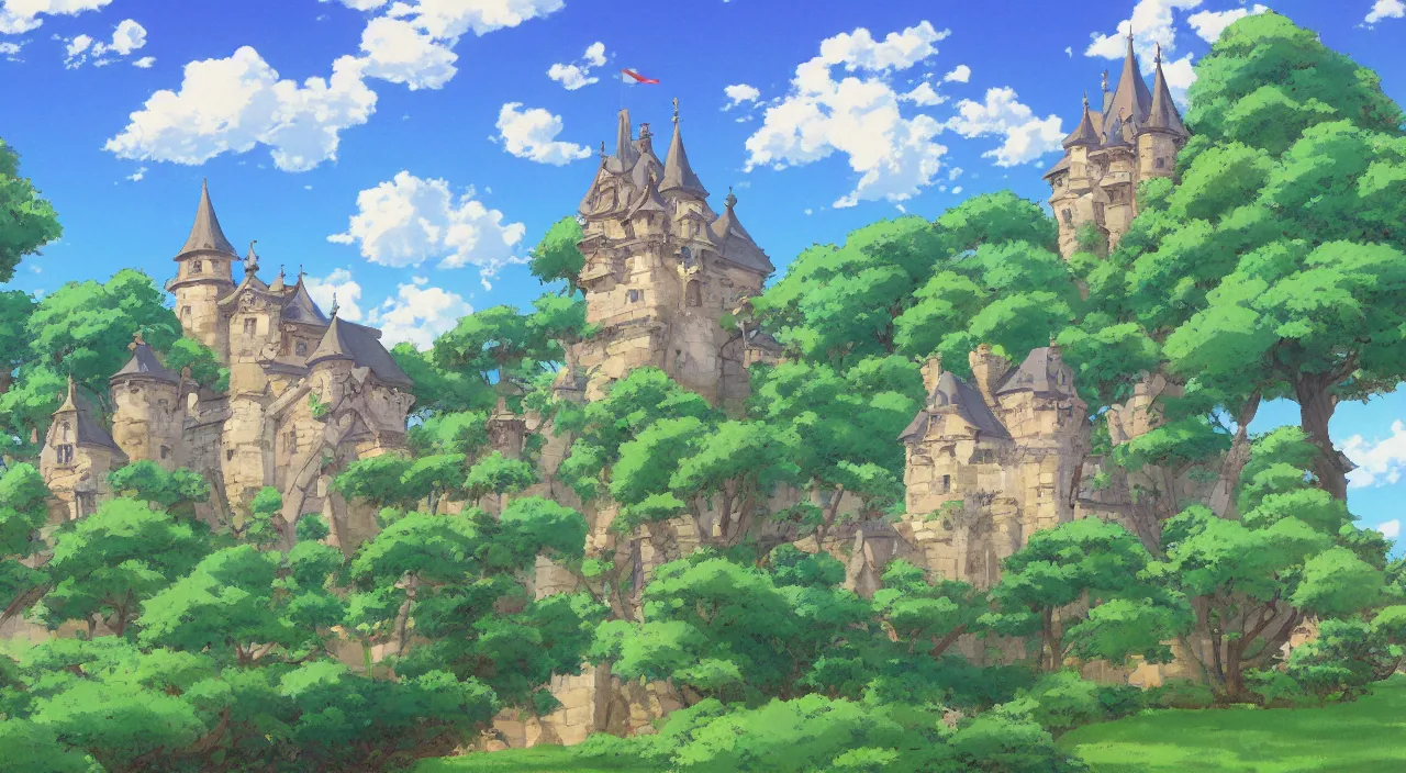 Prompt: a landscape painting of a French castle, with a square and garden, in the style of anime, by Studio Ghibli, trending on artstation