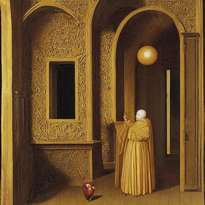 Image similar to a chicken in a hall with a glowing orb at the end, glowing orb door, by jan van eyck