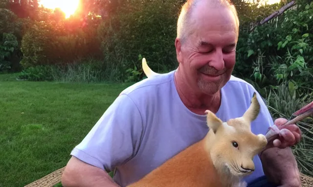 Prompt: My dad Steven Care just took a hit from the bongo and have good time being gracefully relaxed in the garden, sunset lighting