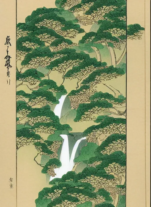 Prompt: fantasy scientific botanical illustration of a green leafy plant that grows like a waterfall ,Ukiyo-e, isometric