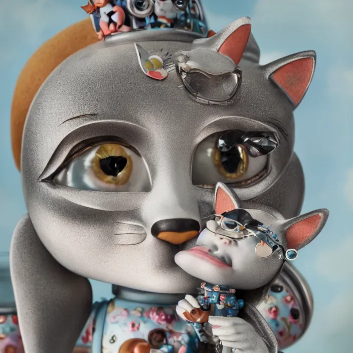 Image similar to closeup face profile portrait of a tin toy cat eating cakes, depth of field, zeiss lens, detailed, symmetrical, centered, fashion photoshoot, by nicoletta ceccoli, mark ryden, lostfish, breathtaking, 8 k resolution, extremely detailed, beautiful, establishing shot, artistic, hyperrealistic, octane render