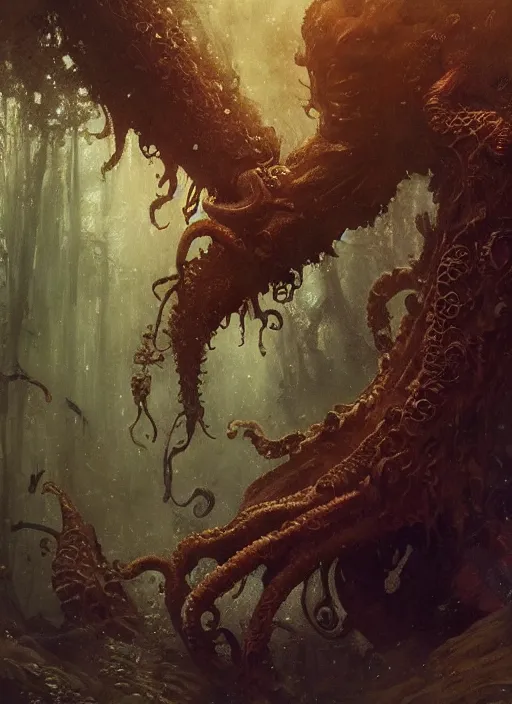 Image similar to my bed is a forest with a giant cthulhu eyes horror by gaston bussiere, anna nikonova aka newmilky, greg rutkowski, yoji shinkawa, yoshitaka amano, moebius, donato giancola, geoffroy thoorens, trending on artstation, featured on pixiv, cinematic composition