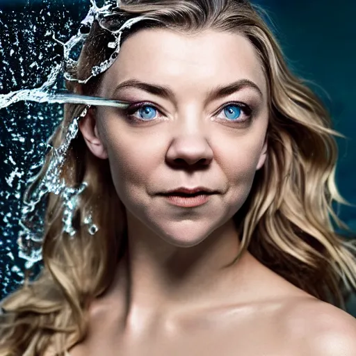 Prompt: close up of face of natalie dormer getting splashed with stunning honey by a hose, bikini, official valentino editorial, highly detailed