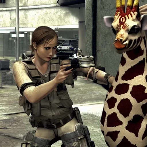 Image similar to a cute stuffed giraffe fighting zombies in resident evil, realistic, hyper detailed