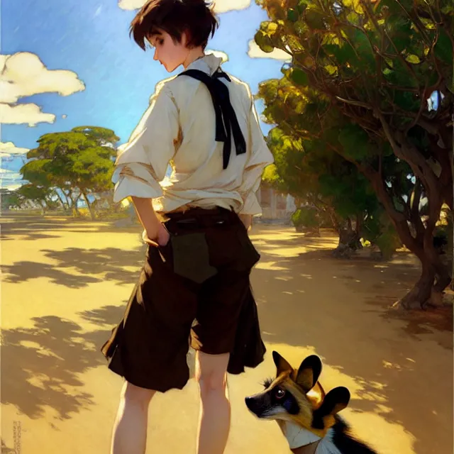 Image similar to a female character inspired by an african wild dog, flannel shirt and shorts, brown white and black short hair, basic background, krenz cushart, mucha, ghibli, by joaquin sorolla rhads leyendecker, by ohara koson