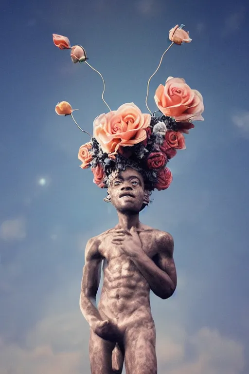 Image similar to milky quartz statue of a beautiful basquiat wearing a crown full of peach roses and reaching to the sky. rococo style decorations, background heavenly sky, marble columns, Trending on artstation. halo. octane render, cinematic, hyper realism, octane render, 8k, depth of field, 3D