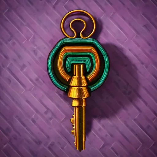 Image similar to a stylised old colorful metal key, key is on the center, rpg game inventory item, rim light, outer glow, on the white background, high poly vray, stylised textures, trending on artstation