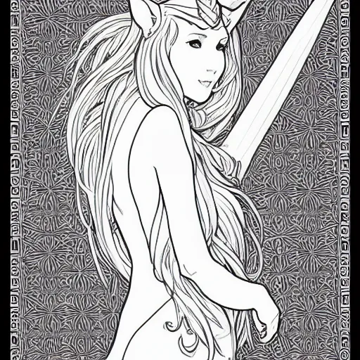 Image similar to clean simple line art of a cute beautiful unicorn. no background. well composed, clean coloring book page. coloring book line art by artgerm and greg rutkowski and alphonse mucha