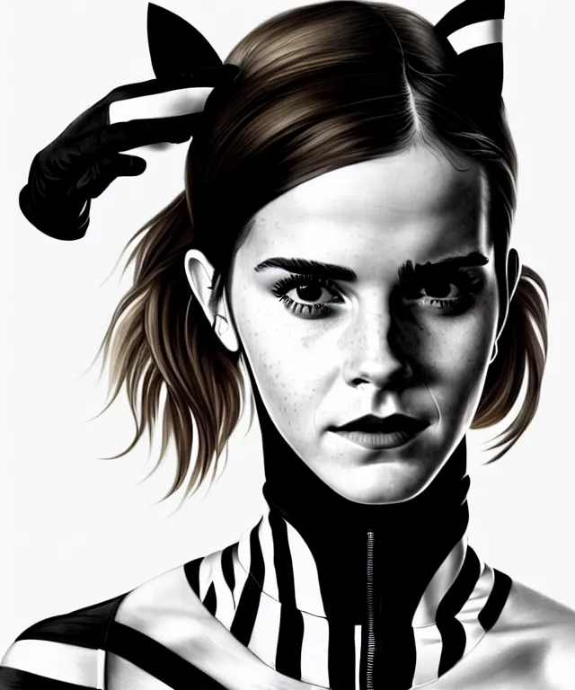 Image similar to a detailed fifty mm portrait of emma watson as a catwoman in a black adidas track suit with white stripes, headshot, highly detailed, digital painting, artstation, concept art, sharp focus, cinematic lighting, illustration, art by met mangindaan, artgerm and greg rutkowski, alphonse mucha, cgsociety