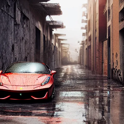 Image similar to hyper detailed and photorealistic, red ferrari, dust, humus, wet street, graffiti on wall, trash scattered, abandoned car garage, 8 k, uhd, after rain, cinematic