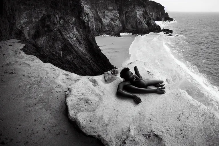 Image similar to photo of a gorgeous black model lounging on a Tesla on a cliff on the ocean By Emmanuel Lubezki