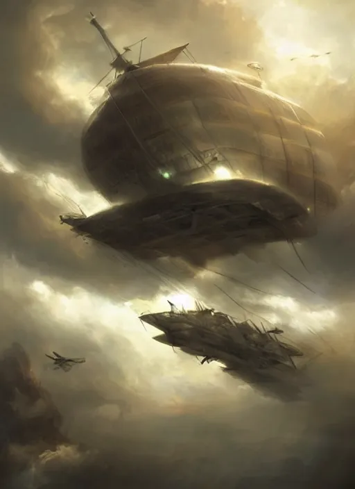 Image similar to pirate airship flying through the clouds, volumetric light rays painted by raymond swanland