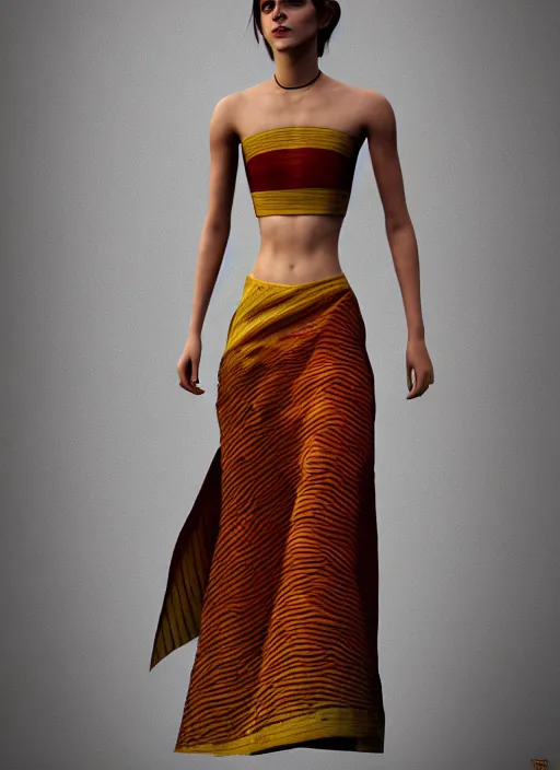 Prompt: emma watson wearing assamese silk bihu mekhela strapless costume maxi style dress by wlop and madeleine vionnet, assamese gamosa pattern, face by artgerm concept art 3 d octane render cinema 4 d v ray, unreal engine, hyper realistic hdr fabric textures, ray traced, cinematic studio fashion photography