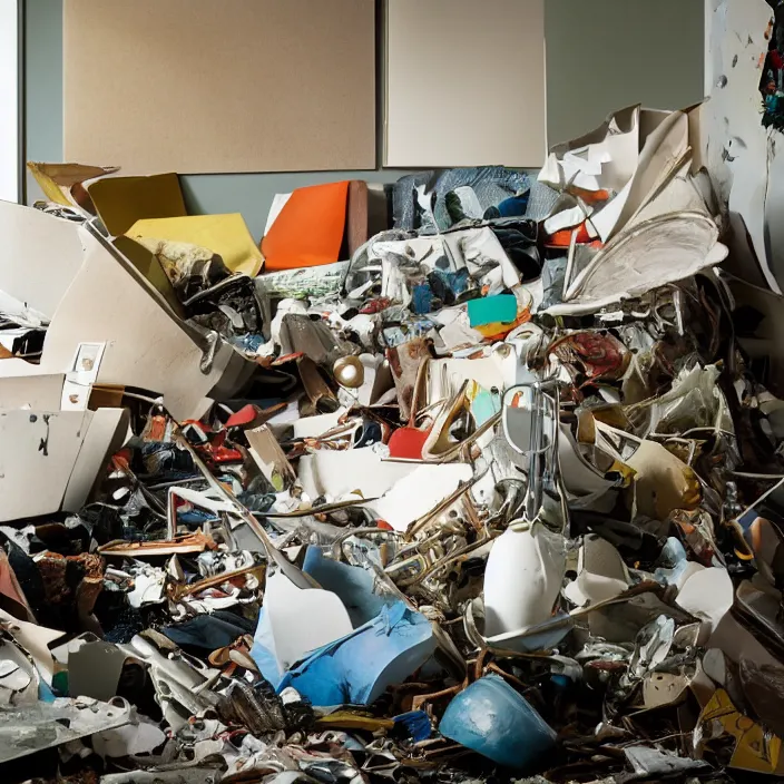 Prompt: trashed modern home interior, color photograph, canon eos c 3 0 0, ƒ 1. 8, 3 5 mm, 8 k, medium - format print