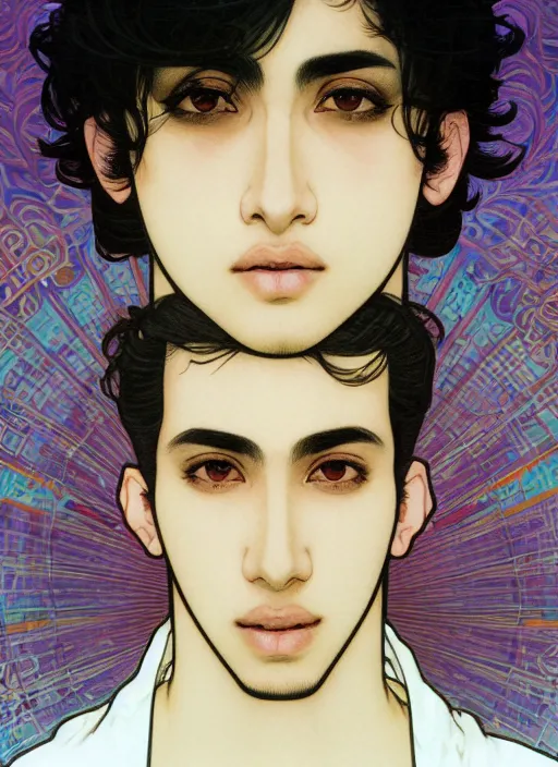 Image similar to beautiful medium shot portrait of a young arabic man inspired by ayami kojima with short hair dressed with a white t - shirt looking into the camera from three - quarters, white background white bank studio light, art by yoshitaka amano, alfons mucha and shingo tamagawa, 8 k