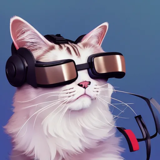 Prompt: a tabby cat wearing a VR Oculus Quest headset on its head. By Makoto Shinkai, Stanley Artgerm Lau, WLOP, Rossdraws, James Jean, Andrei Riabovitchev, Marc Simonetti, krenz cushart, Sakimichan, trending on ArtStation, digital art.