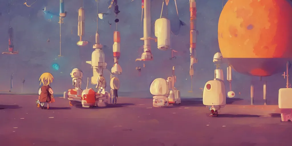 Prompt: cute anime characters at a lunar space station by Goro Fujita and Simon Stalenhag and Kandinsky and Magritte and Picasso , 8k, trending on artstation, hyper detailed, cinematic