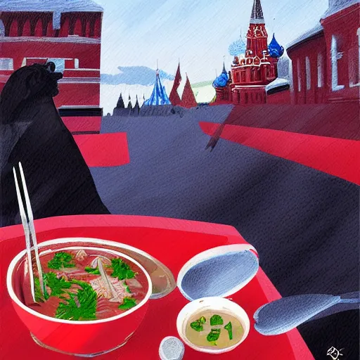 Image similar to Dragon eating russian borsch soup on the Red Square, digital art