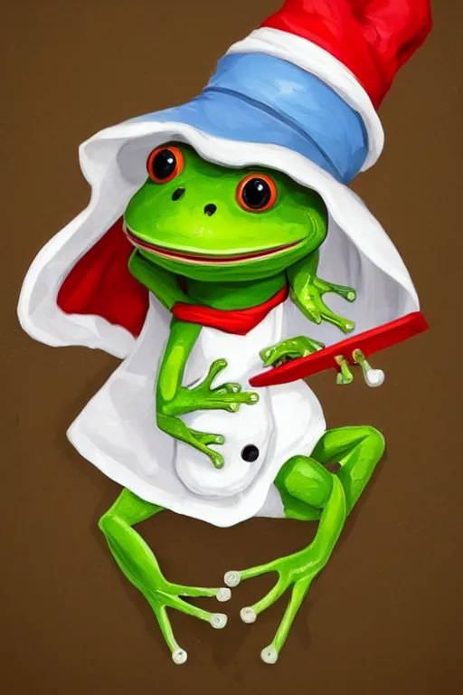 Image similar to cute anthropomorphic frog wearing a white butcher coat with a white butcher hat and holding a cleaver, cutting a wipe red watermelon, tiny, small, miniature frog, baby animal, short, pale blue armor, cute and adorable, pretty, beautiful, DnD character art portrait, matte fantasy painting, cgsociety Artstation, by Jason Felix by Steve Argyle by Tyler Jacobson by Peter Mohrbacher, cinematic lighting