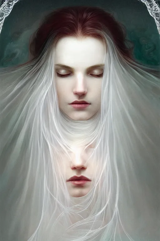 Image similar to portrait of white ghost, dark fantasy, gradient white red grey, dreamy and ethereal, green eyes, golden ratio, peaceful expression, lace, fantasy, intricate, elegant, stormy sky, highly detailed, digital painting, artstation, concept art, smooth, b sharp focus, illustration, art by artgerm and greg rutkowski and alphonse mucha