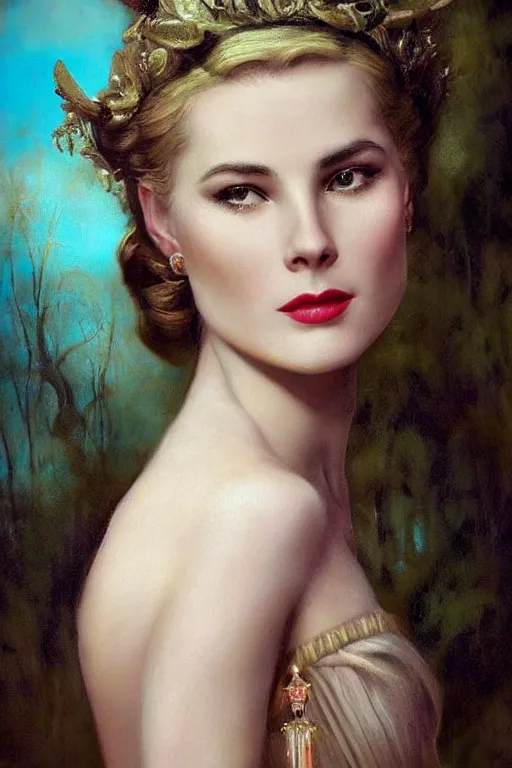 Prompt: a young and extremely beautiful grace kelly infected by night by tom bagshaw in the style of a modern gaston bussiere, art nouveau, art deco, surrealism. extremely lush detail. melancholic scene infected by night. perfect composition and lighting. sharp focus. profoundly surreal. high - contrast lush surrealistic photorealism. sultry and mischievous expression on her face.