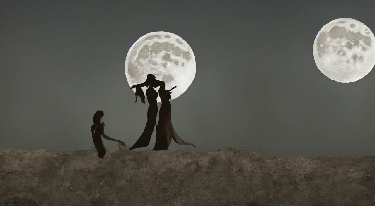 Image similar to a the full moon, a couple is drawn on it, cinematic lighting, wow, establishing shot