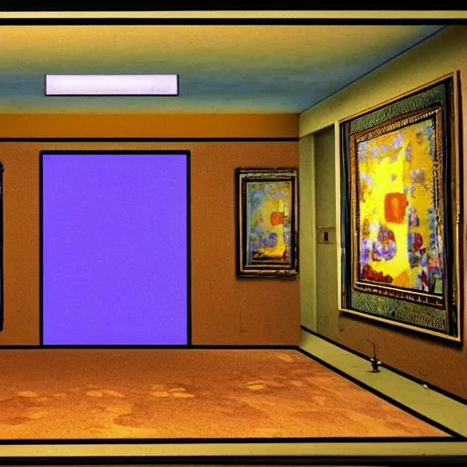 Image similar to virtual art museum in a 9 0 s video game!, net art!!, ps 2 graphics, 3 d computer rendering, liminal space!, hd, intricate, detailed