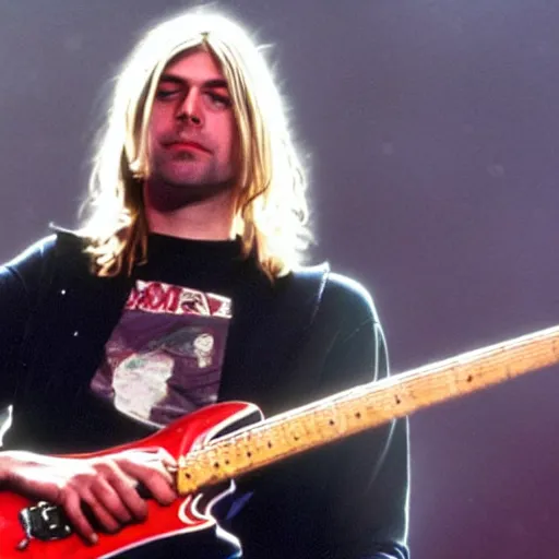 Image similar to Kurt Cobain (Nirvana) on stage at a concert at 52 years old, 2022, alternate reality picture