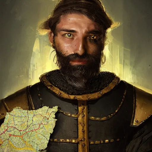 Image similar to Closeup of frustrated male medieval lieutenant with a {short} beard wearing a black!!!! and yellow tabard over a steel breastplate and a black gambeson looking up from a map on a table, intricate, dramatic lighting illustration by Greg Rutkowski, ArtStation, digital art, fantasy