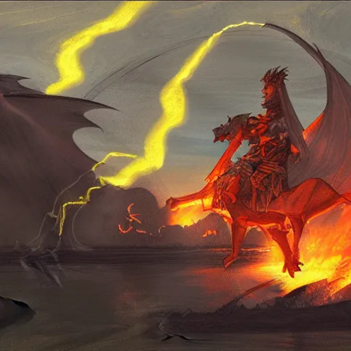 Image similar to knight in car, dragon blowing fire above, Hudson River School, ONE, Murata, Berserk