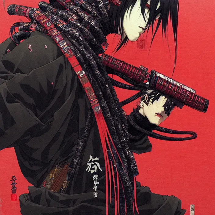 Image similar to a beautiful ukiyo painting of cyberpunk ninja, wearing cyberpunk streetwear, detailed close up portrait, concept art, by takato yamamoto, wlop, krenz cushart. cinematic dramatic atmosphere, sharp focus