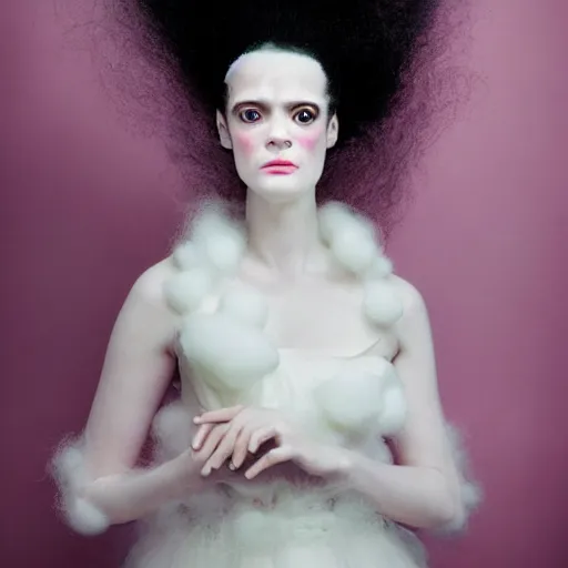Image similar to portrait of a cute bride of frankenstein with soft pink and white cotton fluffy balls floating in image, fashion photography, highly detailed, digital photography by jheronimus bosch and james jean and james rutkowski
