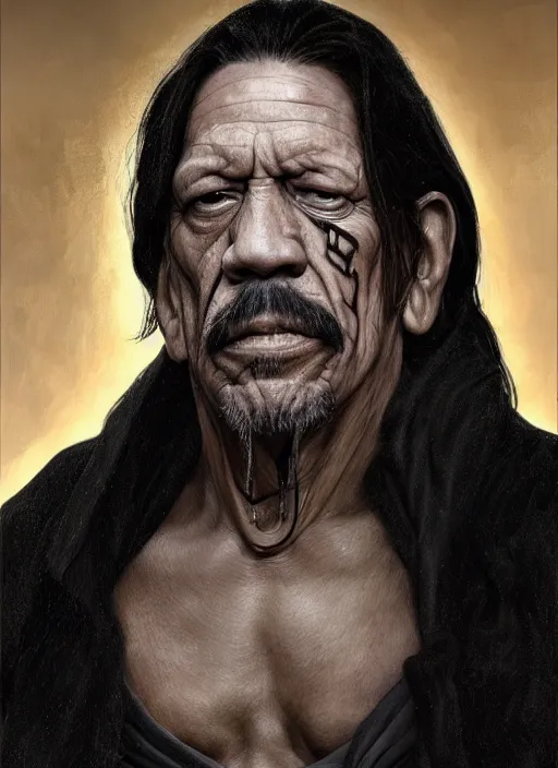 Image similar to Portrait of Danny Trejo, white glowing eyes, silver hair, cloak, ethereal wings, male, fantasy, extremely detailed, digital painting, artstation, concept art, smooth, sharp focus, illustration, stunning lighting, art by artgerm and greg rutkowski and alphonse mucha and simon stalenhag, realistic character concept, high fantasy, light atmosphere, golden ratio, cinematic lighting, hyperdetailed, high resolution, insanely detailed and intricate, artstation, Marc Simonetti, Greg Rutkowski, 8k