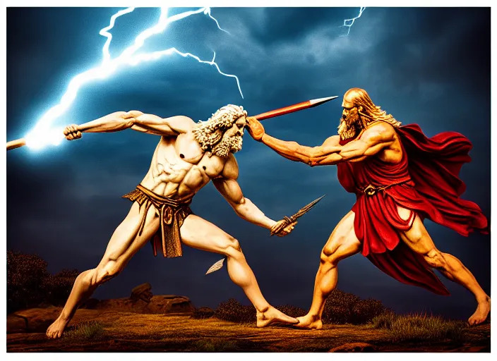 Image similar to photo of zeus throwing lightning spear at chronos. mythology style. highly detailed 8 k. intricate. lifelike. soft light. sony a 7 r iv 5 5 mm. [ cinematic post - processing ].