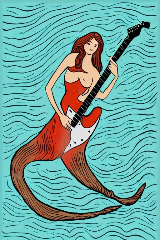 Image similar to illustration of a mermaid playing an stratocaster electric guitar, surf art