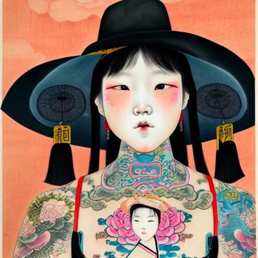 Image similar to full view of a girl from the qing dynasty with tattoos, wearing an american cowboy hat from the old west, style of yoshii chie and hikari shimoda and martine johanna, highly detailed